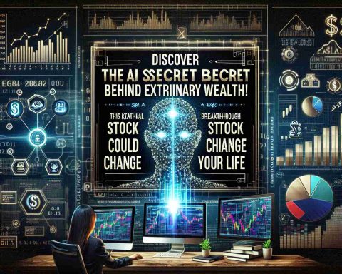 An image showcasing a headline that reads 'Discover the AI Secret Behind Extraordinary Wealth! This Breakthrough Stock Could Change Your Life' set against the backdrop of a high-resolution digital technology and finance-themed background. Visual elements may include written codes, binary numbers, graphs, bar and pie charts related to stock trading. The headline is bold and prominently displayed in an appealing font to catch viewer's attention. The overall style should give a vibe that associates Artificial Intelligence and finance-technology together.