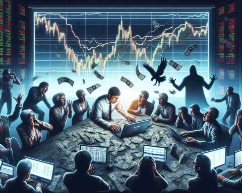 A detailed, high-definition image illustrating the concept of a stock debut gone wrong. The scene should include a plummeting stock chart on a computer screen, with tensions rising in a trading floor setting. Features a variety of characters portraying a range of emotions - from shock and despair to hopeful determination. There's a shadowy figure in the background, misunderstood to be manipulating the situation. Use subdued, tense tones to convey the overall sense of turmoil and anxiety.