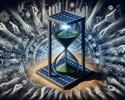 An intricate, high-definition, realistic image illustrating the concept of market dynamics behind a green energy company, represented by a large, sophisticated, luminous solar panel in the foreground. Around it, the chaos and movement of market forces are symbolized by a plethora of different hands, each contributing to a massive hourglass filled with sand representing time and change. This creates a sense of mystery and intrigue, revealing the complex influences that contribute to market alterations.