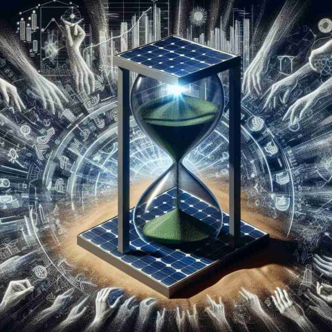 An intricate, high-definition, realistic image illustrating the concept of market dynamics behind a green energy company, represented by a large, sophisticated, luminous solar panel in the foreground. Around it, the chaos and movement of market forces are symbolized by a plethora of different hands, each contributing to a massive hourglass filled with sand representing time and change. This creates a sense of mystery and intrigue, revealing the complex influences that contribute to market alterations.