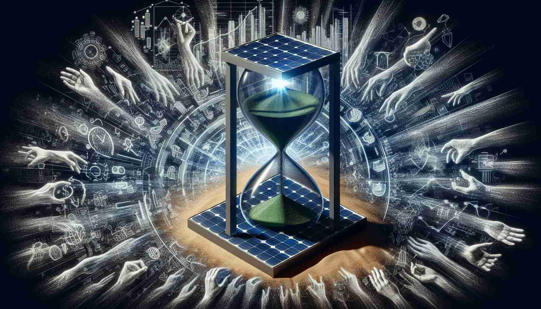 An intricate, high-definition, realistic image illustrating the concept of market dynamics behind a green energy company, represented by a large, sophisticated, luminous solar panel in the foreground. Around it, the chaos and movement of market forces are symbolized by a plethora of different hands, each contributing to a massive hourglass filled with sand representing time and change. This creates a sense of mystery and intrigue, revealing the complex influences that contribute to market alterations.