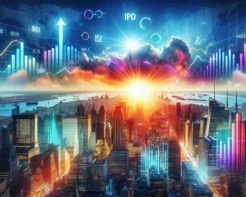 Create a vibrant, hyper-realistic image representing the concept of 'Massive IPO on the Horizon'. Visualize this using symbols like a sunrise over a financial district skyline, with stock market charts soaring upwards in the sky indicating optimism. Additionally, incorporate elements of mystery to express that there are surprising, notable entities involved. Please note, this shouldn't showcase or hint at any specific real-life or individual corporation or public figure to maintain neutrality.