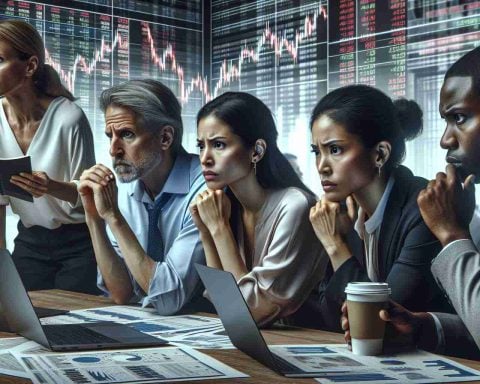 A high-definition, realistic image depicting the theme of 'Change is Coming.' It showcases a diverse group of investors - a Caucasian woman with a pensive expression, an anxious South Asian man looking over documents, a Hispanic woman nervously drinking coffee while scanning her laptop, and a determined-looking Black man gazing directly at a stock market ticker. They are in a modern office, surrounded by screens displaying fluctuating stocks and shrinking industries. The atmosphere is tense, reflecting the uncertainty and anticipation inherent in the world of investing.