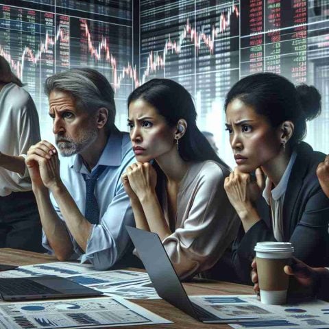 A high-definition, realistic image depicting the theme of 'Change is Coming.' It showcases a diverse group of investors - a Caucasian woman with a pensive expression, an anxious South Asian man looking over documents, a Hispanic woman nervously drinking coffee while scanning her laptop, and a determined-looking Black man gazing directly at a stock market ticker. They are in a modern office, surrounded by screens displaying fluctuating stocks and shrinking industries. The atmosphere is tense, reflecting the uncertainty and anticipation inherent in the world of investing.