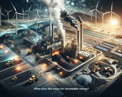 A high-definition, realistic image depicting the scene of coal making a surprising comeback. This is represented with visual elements such as a coal mine operation in full gear, with workers and machinery actively involved. Contrasted to this is an array of renewable energy sources like wind turbines, solar panels, and hydro plants, portrayed as being somewhat overshadowed. The question 'What does this mean for Renewable Energy?' is displayed in elegant text at the bottom of the image, causing the viewer to ponder the implications.