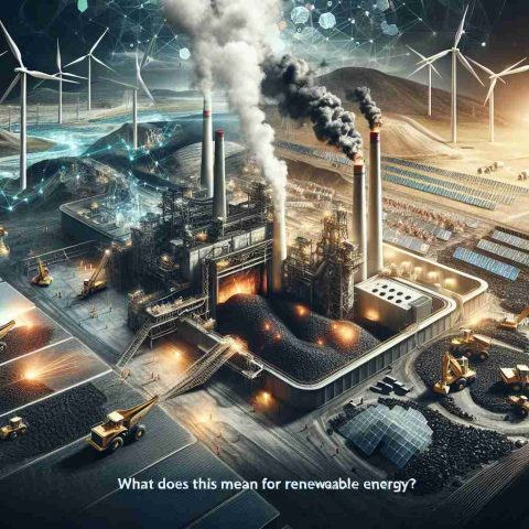 A high-definition, realistic image depicting the scene of coal making a surprising comeback. This is represented with visual elements such as a coal mine operation in full gear, with workers and machinery actively involved. Contrasted to this is an array of renewable energy sources like wind turbines, solar panels, and hydro plants, portrayed as being somewhat overshadowed. The question 'What does this mean for Renewable Energy?' is displayed in elegant text at the bottom of the image, causing the viewer to ponder the implications.