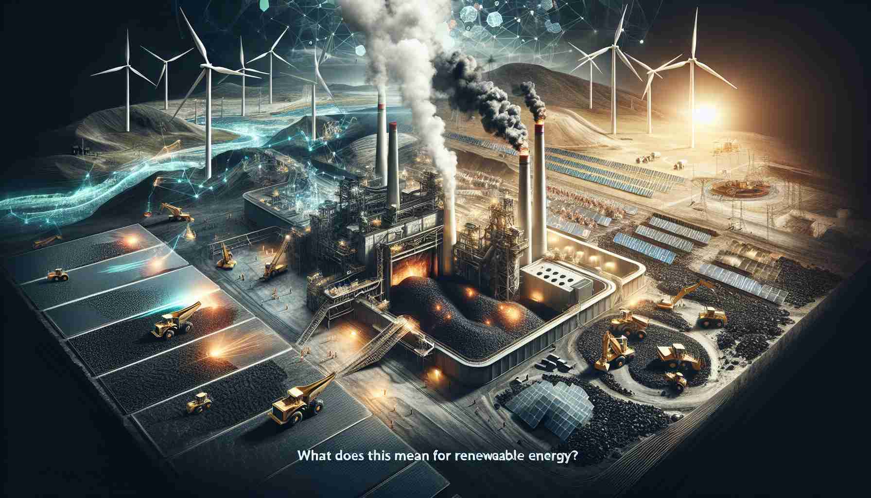 A high-definition, realistic image depicting the scene of coal making a surprising comeback. This is represented with visual elements such as a coal mine operation in full gear, with workers and machinery actively involved. Contrasted to this is an array of renewable energy sources like wind turbines, solar panels, and hydro plants, portrayed as being somewhat overshadowed. The question 'What does this mean for Renewable Energy?' is displayed in elegant text at the bottom of the image, causing the viewer to ponder the implications.