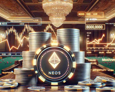 Create a high-definition, realistic image depicting a literal interpretation of a billion-dollar bet. Show a substantial pile of poker chips with a unique design signifying a billion dollar value located in the middle of a lavish, luxuriously decorated room. Subtle details should reveal the notion of 'Neos' securing massive funding, such as a digital stock market ticker in the background displaying 'Neos' and a significant upturn arrow.