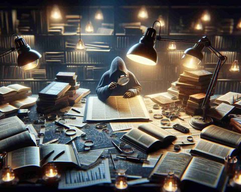 A highly detailed, realistic HD image featuring a scene that represents the process of intensely examining and seeking out information, akin to the act of 'lurking for details'. This scene could include a person studying a large document with a magnifying glass, surrounded by myriad open books, charts, diagrams, and scattered notes, all bathed in the dim but focused glow of a desk lamp.