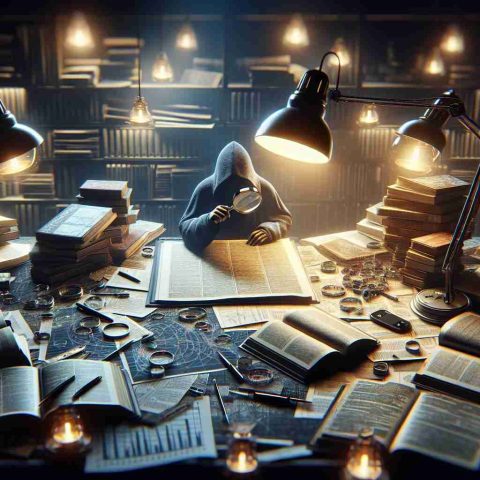 A highly detailed, realistic HD image featuring a scene that represents the process of intensely examining and seeking out information, akin to the act of 'lurking for details'. This scene could include a person studying a large document with a magnifying glass, surrounded by myriad open books, charts, diagrams, and scattered notes, all bathed in the dim but focused glow of a desk lamp.