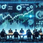 Create a hyperrealistic, high-definition image representing the concept of 'Union Bank Share Price: Is Technology the Game-Changer?' Experts expressing their analysis and consideration. Picture can include a graph showing fluctuation in the share price of a generic bank, alongside futuristic tech icons and analysts studying and discussing. Excluding any form of personification or specific bank details.