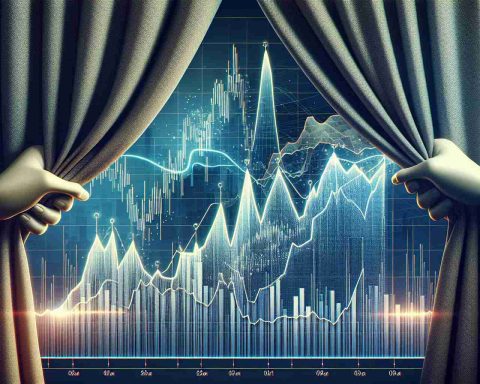 Visualization of the unexpected and dramatic shifts in a hypothetical company's stock graph. The chart reveals a highly dynamic market behavior with unsettling peaks and drops, symbolizing the unpredictable nature of the stock market. In the background, a stylized curtain being pulled back, indicating the analysis, speculation, and mysteries of financial trends: an emphasis on the question - What's behind the curtain?