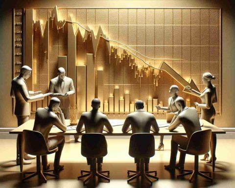 A realistic HD image of a graph depicting the sharp drop of a hypothetical organization called 'Golden Solar's' share price. A team of experts portrayed as stylized figures, each a different ethnicity and gender, are seen closely analyzing the graph and preparing to provide their analysis. The dominant color scheme throughout the image is gold and the room has a sophisticated, professional environment.