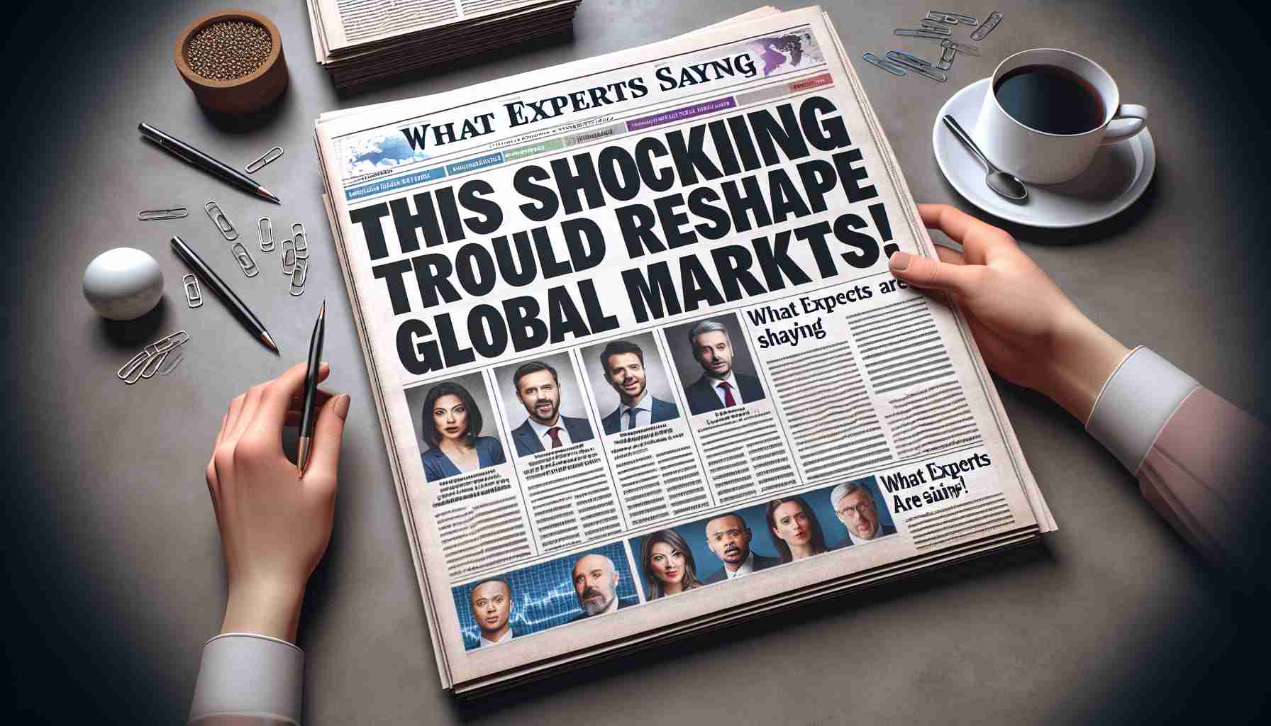 High-definition, realistic image of a newspaper with large, eye-catching headline reading 'This Shocking Trend Could Reshape Global Markets!' The newspaper also features a column titled 'What Experts Are Saying' with pictures of various financial experts expressing their opinions. Ensure a sense of urgency and importance are conveyed in the layout of the headlines and images.