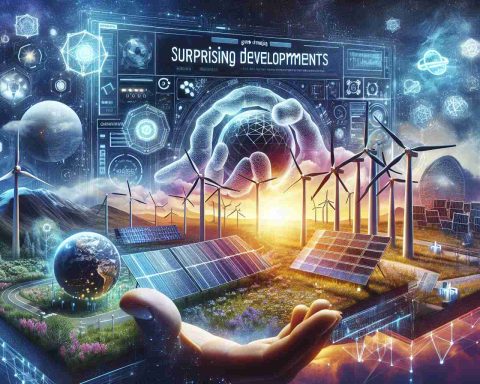 A detailed, high-resolution image showcasing the concept of surprising developments in renewable energy. Emphasize elements such as wind turbines, solar panels, or geothermal plants to represent advancements in these sectors. Include a digital screen displaying cutting-edge technology interfaces, symbolizing a game-changing company leading these revolutionary changes. Make sure to imbue the scene with a sense of awe and surprise to highlight the groundbreaking nature of these developments.