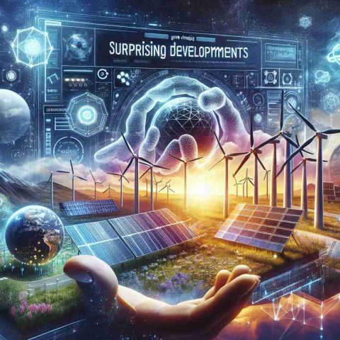 A detailed, high-resolution image showcasing the concept of surprising developments in renewable energy. Emphasize elements such as wind turbines, solar panels, or geothermal plants to represent advancements in these sectors. Include a digital screen displaying cutting-edge technology interfaces, symbolizing a game-changing company leading these revolutionary changes. Make sure to imbue the scene with a sense of awe and surprise to highlight the groundbreaking nature of these developments.