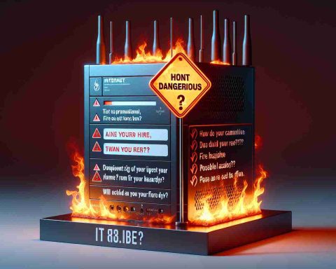 A high-definition, realistic image showcasing a common internet box that has turned dangerous. The image shows visible danger signs and is accompanied by questions querying the safety of the viewer's home from fiery hazards. Please include prominent signs of a possible fire hazard in close association with the internet box.