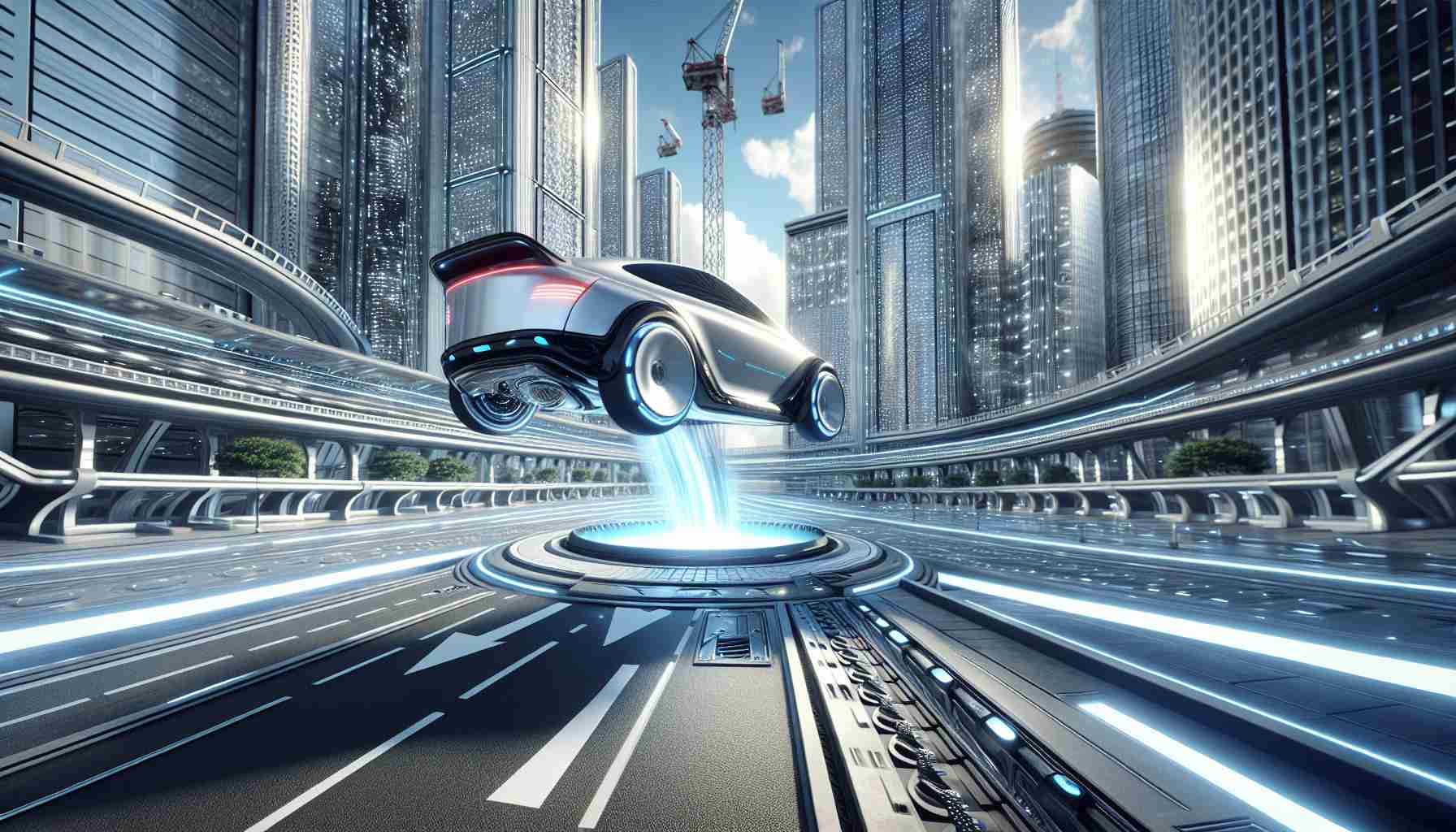 Generate a high definition, realistic image of a scene known as 'Surprise Leap' in a fictional environment called Robotaxi World where futuristic autonomous taxis ply. The scene should involve one of these taxis making a significant leap or jump, perhaps off a ramp or over an obstacle, creating an exciting spectacle. The environment, predictably, should consist of ultra-modern urban elements, gleaming high-rise buildings, and networks of streamlined roads with distinguishable lanes meant for these robotaxis. The lighting, mood, and other elements should signal that a major, unexpected player is making a groundbreaking entry into this world, much like a new player breaking into the U.S. Market.