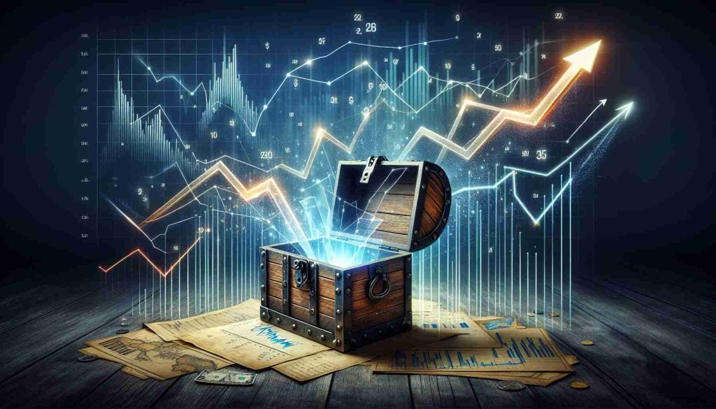 Realistically rendered HD image featuring a metaphorical representation of a stunning shake-up in the investment world that is not to be missed. The image should be filled with volatility symbols, rising and falling arrows depicting market fluctuations, graph charts showing a dramatic change, and possibly, an opened rustic chest, symbolizing the untapped investment opportunities.