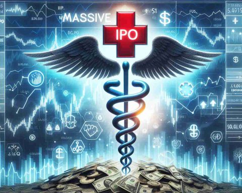 Create a high definition and realistic image of a conceptual interpretation for 'Massive IPO Alert'. Include elements such as ascending graphs, the symbol for health (perhaps a Caduceus or a red cross), and a stirred-up financial market visualized by agitated stocks and currencies.