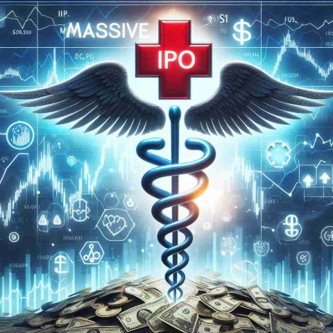 Create a high definition and realistic image of a conceptual interpretation for 'Massive IPO Alert'. Include elements such as ascending graphs, the symbol for health (perhaps a Caduceus or a red cross), and a stirred-up financial market visualized by agitated stocks and currencies.