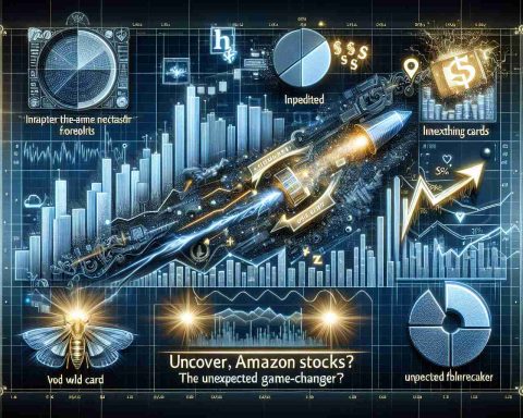 A highly detailed and realistic image presenting the concept of 'Amazon Stocks: The Unexpected Catalyst?' The image should feature elements symbolic of the stock market like bar graphs, pie charts, or line graphs, perhaps in some sort of futuristic or high-tech graphical display. Overlaying or augmenting these symbols, there should be elements expressing surprise or unexpected change, like an unpredicted weather forecast symbol, a wild card, or a lightning bolt. The phrase 'Uncover the Game-Changer' may be present, perhaps in bold impactful typography. All these elements should come together to create an intriguing and eye-catching image that tells a story.