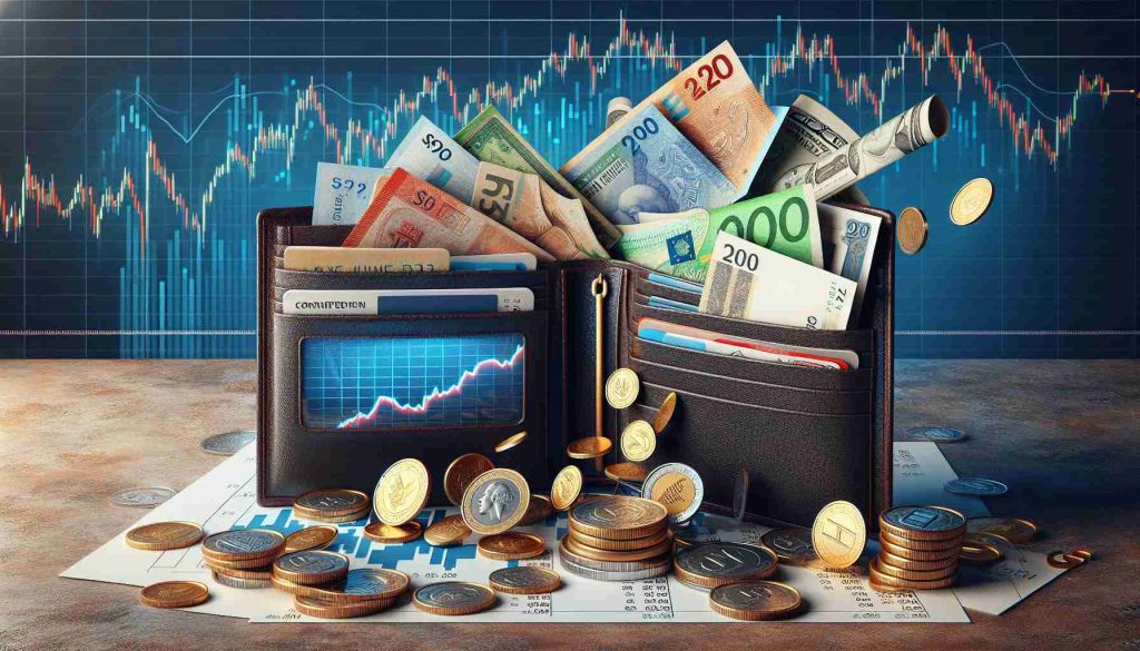 Realistic high-definition image of a metaphorical scene highlighting the concept of share dilution. It could feature a large wallet opening up with various currencies, certificates, and coins tumbling out. The coins and currencies should display gradually decreasing denominations symbolising the dilution. In the background, a stock chart with a downward trend can be seen.