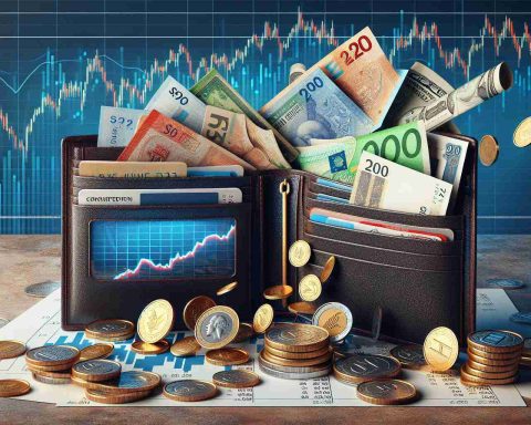 Realistic high-definition image of a metaphorical scene highlighting the concept of share dilution. It could feature a large wallet opening up with various currencies, certificates, and coins tumbling out. The coins and currencies should display gradually decreasing denominations symbolising the dilution. In the background, a stock chart with a downward trend can be seen.