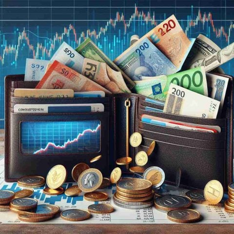 Realistic high-definition image of a metaphorical scene highlighting the concept of share dilution. It could feature a large wallet opening up with various currencies, certificates, and coins tumbling out. The coins and currencies should display gradually decreasing denominations symbolising the dilution. In the background, a stock chart with a downward trend can be seen.