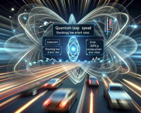 A high-definition, realistic image that metaphorically represents the concept of 'Quantum Leap Ahead'. The main focus should be a quantum physics inspired visual with elements that represent fast progress or a great leap forward. Additionally, integrate elements indicating 'Shockingly Low Error Rates' such as a line graph or bar chart demonstrating a significant reduction in error rates. This is to commemorate a breakthrough study, so a celebratory tone should be evident in the image.