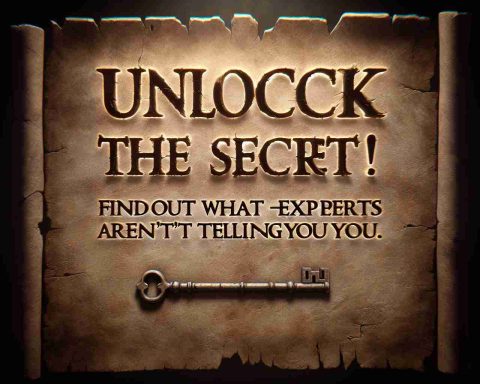 A high definition, realistic image of the statement, 'Unlock the Secret! Find Out What Experts Aren't Telling You.' The text seems to be inviting and mysterious. It may appear on an old parchment or cryptic stone tablet, with a key symbol near it, symbolizing the 'unlocking'. There might be shadows and an aura of secrecy around the text, visually reinforcing its enticing, secretive nature.