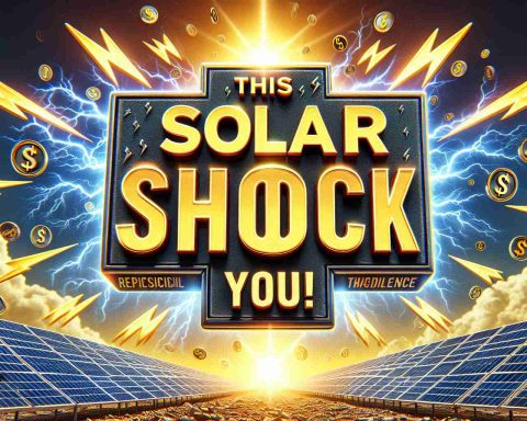 Realistic high-definition image featuring 'This Solar Stock Might Shock You!' as bold, eye-catching text in the center of the image. The background could be related to solar power, including solar panels bathing in abundant sunlight. Include visual elements that suggest urgency and importance, like lightning bolts or exclamatory symbols, to amplify the 'shock' aspect in a metaphorical way. Do not incorporate any specific companies or identifiable logos.