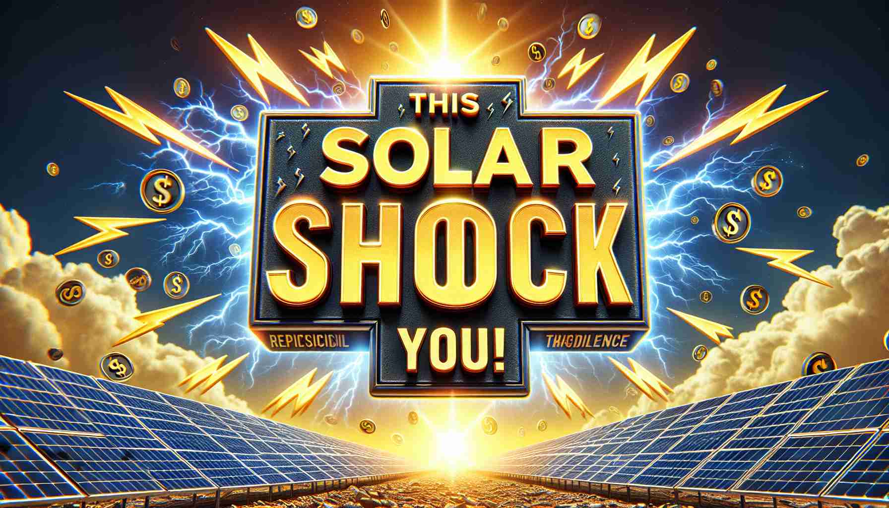 Realistic high-definition image featuring 'This Solar Stock Might Shock You!' as bold, eye-catching text in the center of the image. The background could be related to solar power, including solar panels bathing in abundant sunlight. Include visual elements that suggest urgency and importance, like lightning bolts or exclamatory symbols, to amplify the 'shock' aspect in a metaphorical way. Do not incorporate any specific companies or identifiable logos.