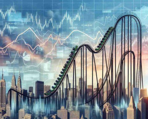 Generate a high definition image depicting a metaphorical financial rollercoaster to represent unexpected market moves. Show a rollercoaster's intricate system of tracks, which steeply ascend, illustrating positive financial growth, before precipitously falling, symbolizing drastic market downturns. Surround the rollercoaster with symbols of the stock market such as graphs and charts that display unpredictable patterns. In the background, paint a vibrant cityscape that's home to major financial hubs. The city should exude a dynamic and thriving ambiance, yet with a subtle hint of uncertainty.