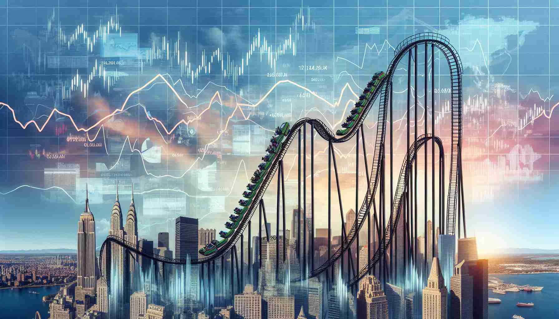 Generate a high definition image depicting a metaphorical financial rollercoaster to represent unexpected market moves. Show a rollercoaster's intricate system of tracks, which steeply ascend, illustrating positive financial growth, before precipitously falling, symbolizing drastic market downturns. Surround the rollercoaster with symbols of the stock market such as graphs and charts that display unpredictable patterns. In the background, paint a vibrant cityscape that's home to major financial hubs. The city should exude a dynamic and thriving ambiance, yet with a subtle hint of uncertainty.