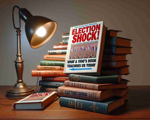 Create a realistic, high-definition image that embodies the theme of 'Election Shock! What a 1990s Book Teaches Us Today. Picture a pile of 1990s era books with one prominent book titled 'Election Shock' depicting surprising electoral events. These books are lying on a wooden table, with a vintage lamp illuminating them. The background offers a simple, neutral-colored wall, emphasizing the books further.