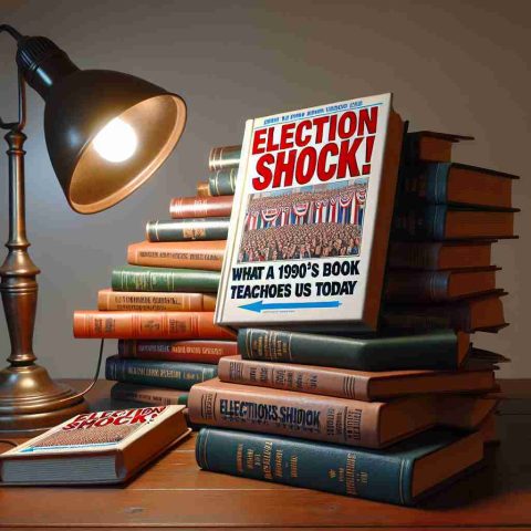 Create a realistic, high-definition image that embodies the theme of 'Election Shock! What a 1990s Book Teaches Us Today. Picture a pile of 1990s era books with one prominent book titled 'Election Shock' depicting surprising electoral events. These books are lying on a wooden table, with a vintage lamp illuminating them. The background offers a simple, neutral-colored wall, emphasizing the books further.