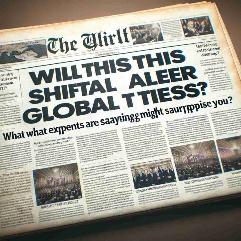 Image of a newspaper headline reading 'Will This Political Shift Alter Global Ties? What Experts Are Saying Might Surprise You' with a high-quality realistic feel. Depict the headline in bold, commanding font, set against a typical newspaper backdrop with ancillary articles and images. Emphasize an aura of intrigue and surprise but preserve the neutrality and professionality associated with journalism.