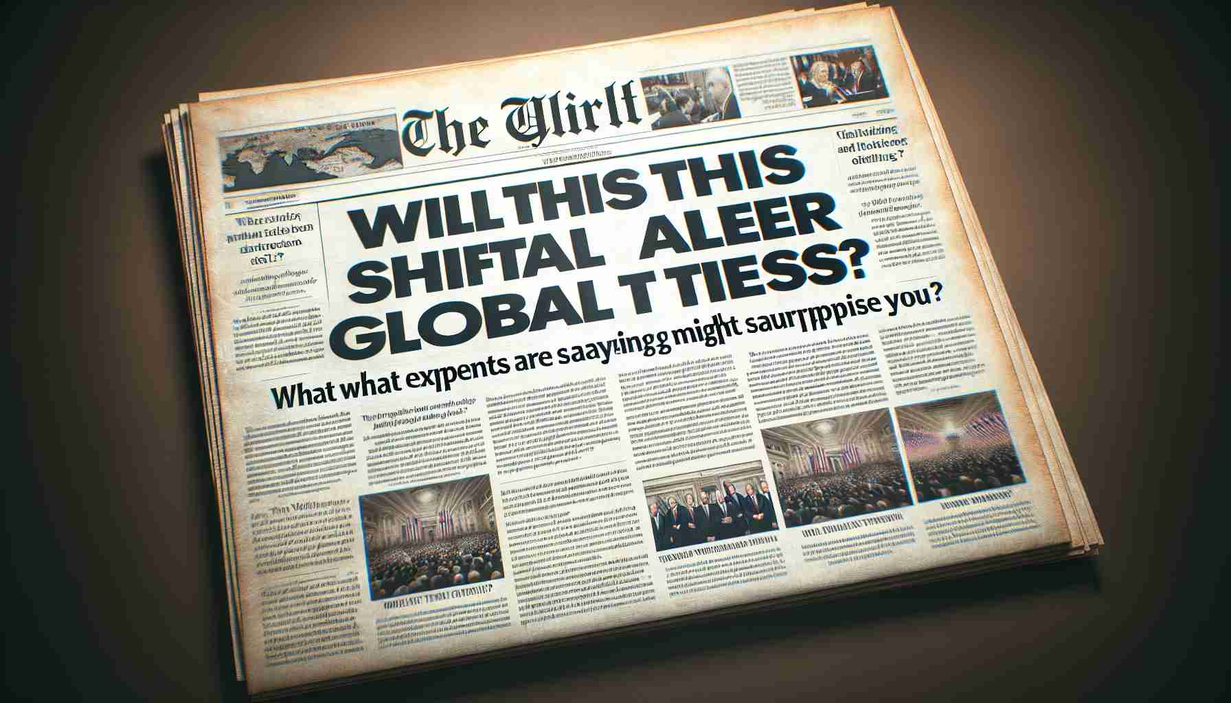 Image of a newspaper headline reading 'Will This Political Shift Alter Global Ties? What Experts Are Saying Might Surprise You' with a high-quality realistic feel. Depict the headline in bold, commanding font, set against a typical newspaper backdrop with ancillary articles and images. Emphasize an aura of intrigue and surprise but preserve the neutrality and professionality associated with journalism.