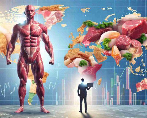 Create a high-definition realistic image of a metaphorical giant made of various types of meat, like beef, pork, and chicken. The giant stands tall on a global map, symbolising the global expansion of a meat company. The background features an abstract representation of a stock market board, hinting towards Nasdaq, showing enthusiastic activity with upward-trending graphs and numbers.