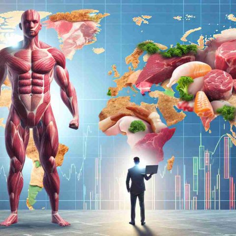 Create a high-definition realistic image of a metaphorical giant made of various types of meat, like beef, pork, and chicken. The giant stands tall on a global map, symbolising the global expansion of a meat company. The background features an abstract representation of a stock market board, hinting towards Nasdaq, showing enthusiastic activity with upward-trending graphs and numbers.