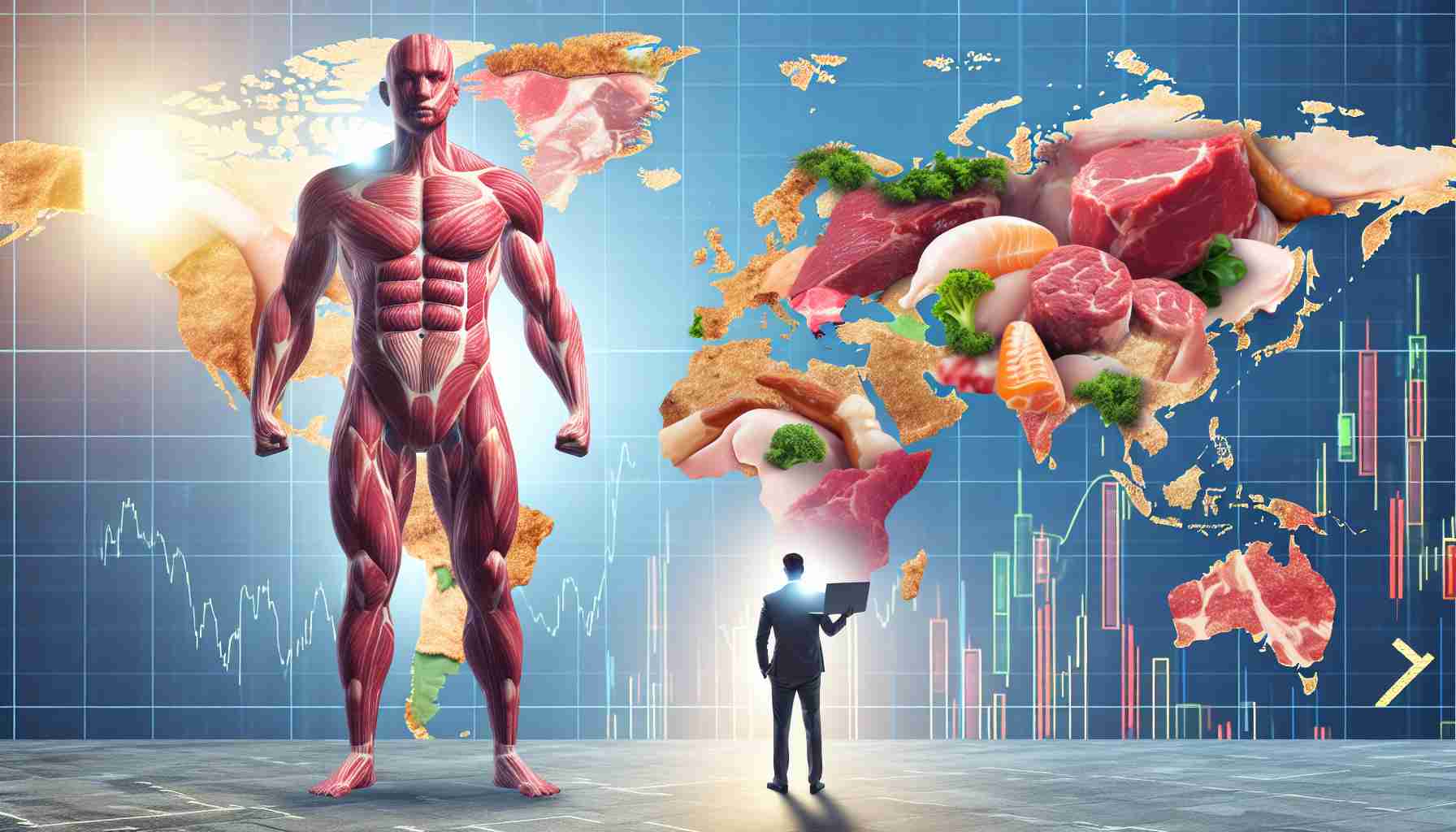 Create a high-definition realistic image of a metaphorical giant made of various types of meat, like beef, pork, and chicken. The giant stands tall on a global map, symbolising the global expansion of a meat company. The background features an abstract representation of a stock market board, hinting towards Nasdaq, showing enthusiastic activity with upward-trending graphs and numbers.