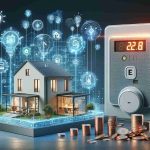 High definition image showcasing the concept of transforming a home with artificial intelligence to reduce energy bills. The image should show a modern, high-tech house equipped with various energy-saving smart devices, all controlled by a central AI system. Also, include a meter showing significantly reduced energy consumption or a pile of coins to symbolize the drastic decrease in energy bills.