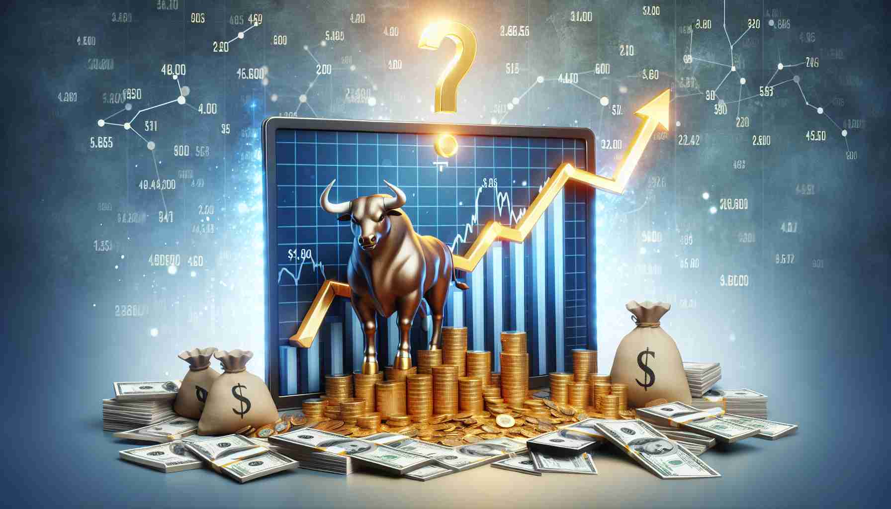 A high definition image illustrating the concept of a surprising surge in the stock market. This scene includes a detailed display of a stock market graph with arrows pointing upwards, signifying a rally. The graph is surrounded by symbolic elements of economic growth, such as stacks of gold coins, bundles of dollar bills, and a bull, the animal that signifies a thriving market. A question mark hovers above the scene to epitomize the unexpected nature of this rally.