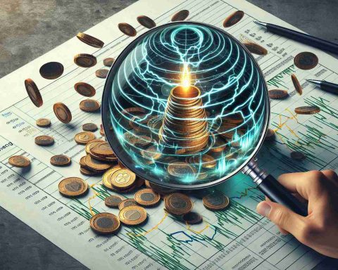 High-definition realistic image of a conceptual representation for shake-up in energy investment. This could be symbolized by scattered piles of coins, shockwaves moving through a line graph indicating stock prices, and an oversight viewer represented by a magnifying glass scanning over document papers filled with investment data.