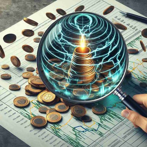 High-definition realistic image of a conceptual representation for shake-up in energy investment. This could be symbolized by scattered piles of coins, shockwaves moving through a line graph indicating stock prices, and an oversight viewer represented by a magnifying glass scanning over document papers filled with investment data.