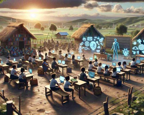 A high-definition, realistic image depicting the concept of Artificial Intelligence disrupting rural education. The scene can illustrate a remote countryside school with children of different descents like Caucasian, Hispanic, and South Asian, sitting in a classroom, engaging with modern technology devices such as laptops and tablets. The challenges could be visualized with symbols like barriers or obstacles present in the scene. The landscape might be filled with elements representing the advancements and difficulties of introducing AI in such a setting. Please ensure that the complexity and ambivalence of the situation are well represented.