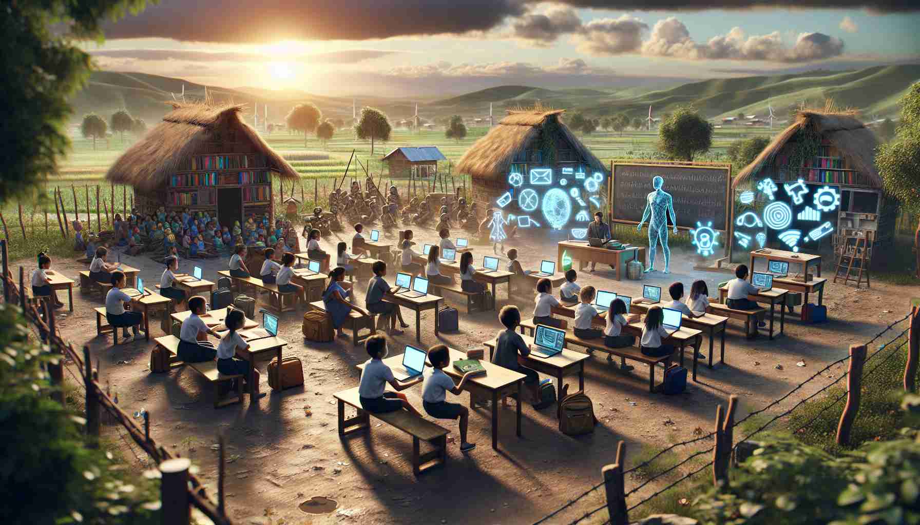 A high-definition, realistic image depicting the concept of Artificial Intelligence disrupting rural education. The scene can illustrate a remote countryside school with children of different descents like Caucasian, Hispanic, and South Asian, sitting in a classroom, engaging with modern technology devices such as laptops and tablets. The challenges could be visualized with symbols like barriers or obstacles present in the scene. The landscape might be filled with elements representing the advancements and difficulties of introducing AI in such a setting. Please ensure that the complexity and ambivalence of the situation are well represented.