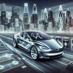 Generate a realistic high definition image that represents the continual revolution of Tesla's technology. Picture an innovative electric vehicle, perhaps focusing on its hi-tech dashboard aesthetic, interfacing screens, smooth car fixture or automated navigations systems. This could include a futuristic cityscape in the background to emphasize change and progression.