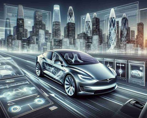 Generate a realistic high definition image that represents the continual revolution of Tesla's technology. Picture an innovative electric vehicle, perhaps focusing on its hi-tech dashboard aesthetic, interfacing screens, smooth car fixture or automated navigations systems. This could include a futuristic cityscape in the background to emphasize change and progression.